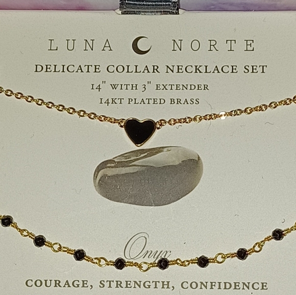 2 pc Luna Norte Moon double Layer Necklaces BLACK ONYX HEART Link Chain Gold NWT - Picture 4 of 5